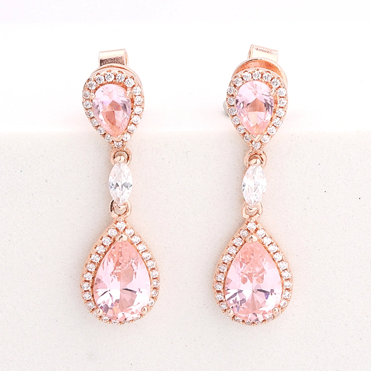 Pink Color CZ Water Drop Design 925 Sterling Silver Lovely Earrings Rose Gold Dangle Earrings for Women Wedding Engagement Elegant Jewelry