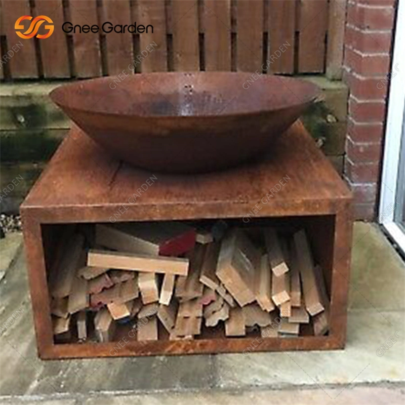 Rusty Surface Corten Steel Fire Pit with Woodstorage