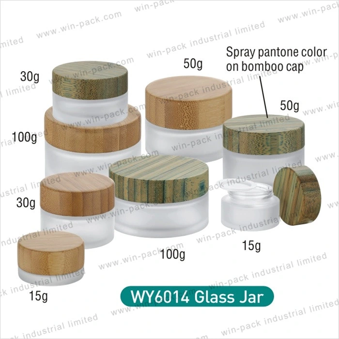 Winpack Hot Product Bamboo Lid Spray Pantone Color on Cap 50g30g15g100g Frost Glass Bottle Jar