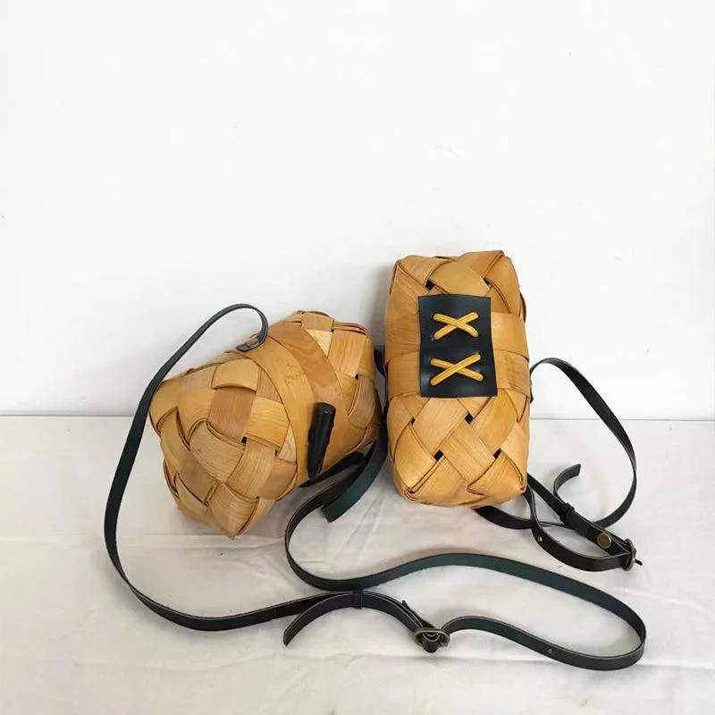 Wood Chip Woven Kid's Toy Storage Basket Oblique Shoulder Backpack
