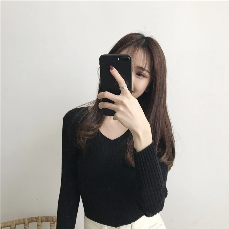 Women Autumn and Winter V-Neck Knitwear Top Slim Fit Bottom Sweater