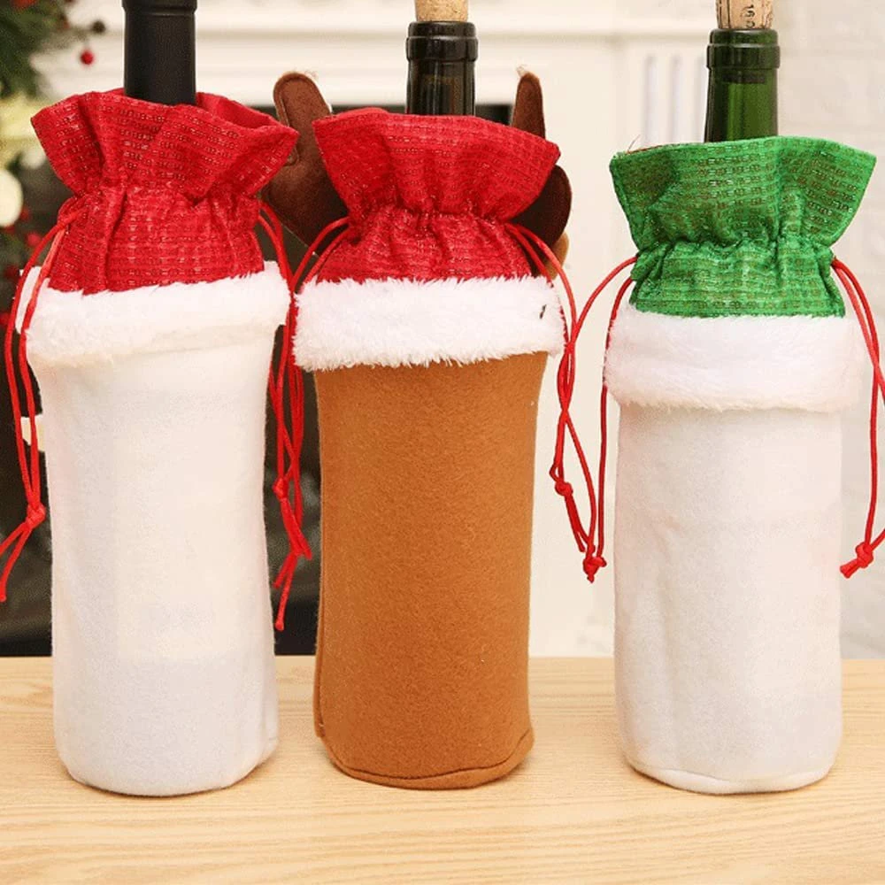 Bottle Bags Christmas Wine Reusable Decorations Santa Reindeer Snowman Bottle Covers with Drawstring