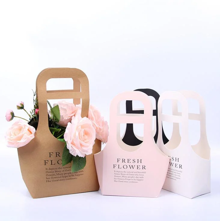 Double Layer Round Flower Paper Bag with Ribbon Rose Bouquet Gift Packaging Carrier