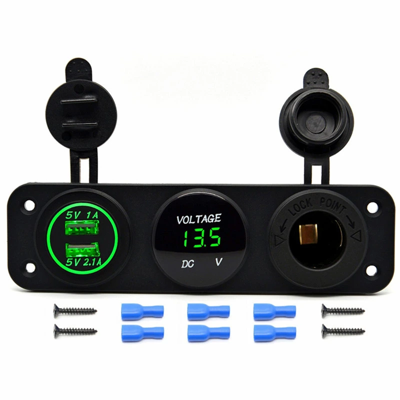 Triple 3.1A Dual USB Port Charger Voltmeter 12V Socket Panel Mount Marine Power Waterproof Short Circuit Overheat Protection Outlet Plug Jack