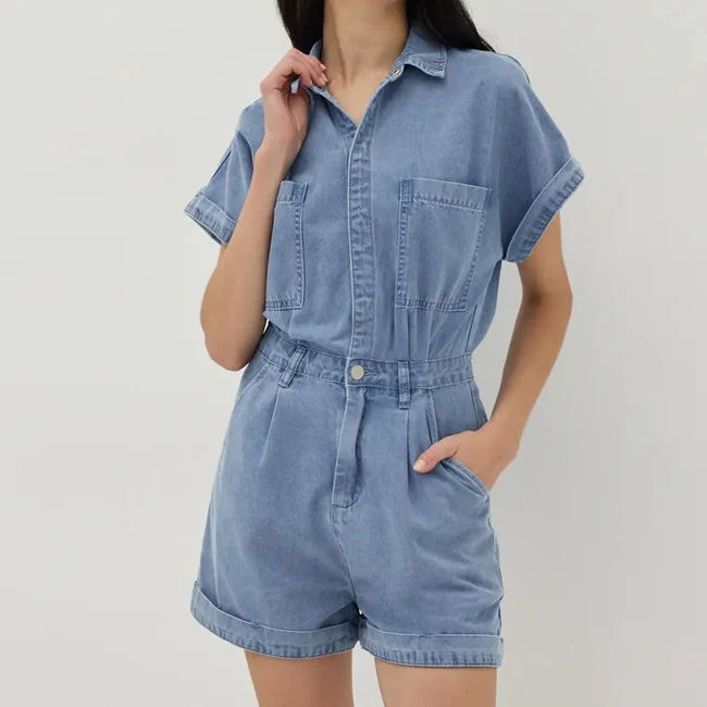 Summer Women Short Sleeve Romper Fashion Casual Blank Button up Playsuit Denim Short Jumpsuit