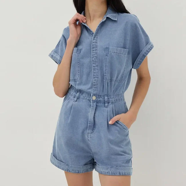 El verano de manga corta mujer Romper la moda casual Botón en blanco arriba Playsuit Denim Jumpsuit corto