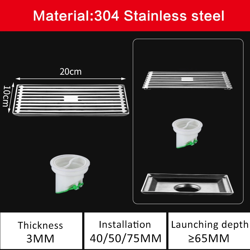 20*10cm Villa Bathroom DN50 304 Solid Stainless Steel Long Strip Floor Drain Toilet Shower Room Rectangular Odor Proof Floor Drain