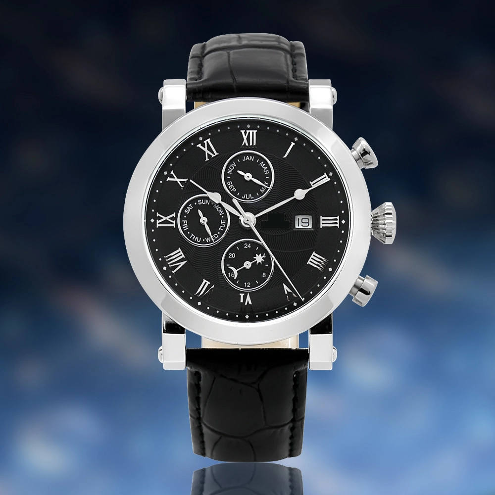 Stainless Steel Case Multi Functional Quartz Watches with Genuine Leather Strap Men Watches