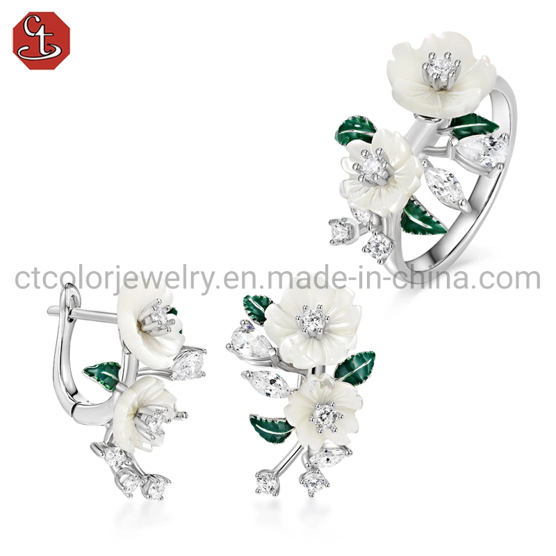 Fashion Design  Accessories 925 Silver Jewelry Shell Floral Green Enamel Leaf Jewelry