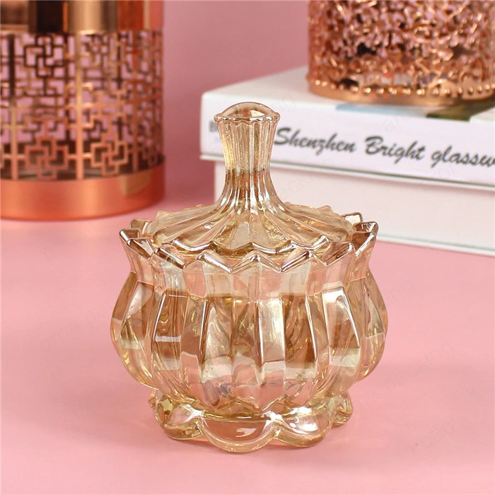 Antique Crystal Glass Candy Jar Dragee Box with Dome Lid Champagne Colored