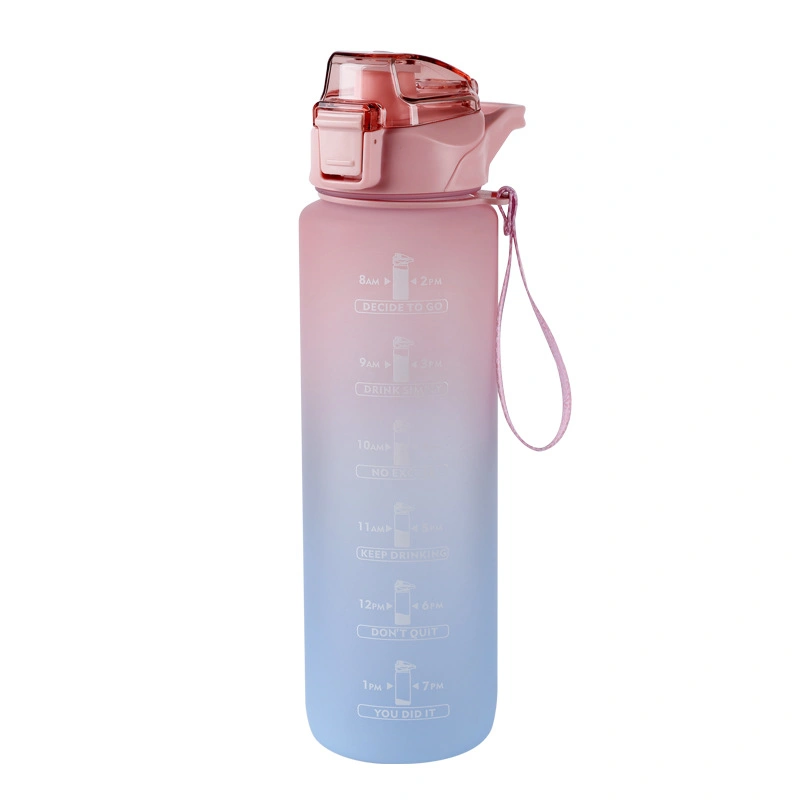 Graduated Plastic Color Coating Large Water Bottle with Motivational Time Marker with Straw