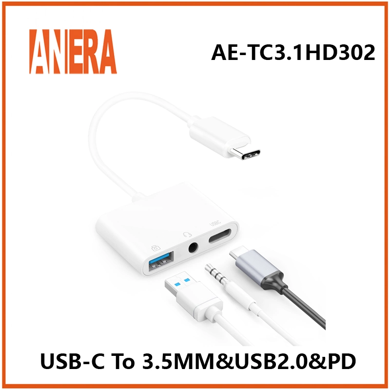 Anera Hot Selling 3 en 1 TypeC à 3,5 mm USB2.0 Carte son USB Type C de chargement de l'adaptateur audio externe PD