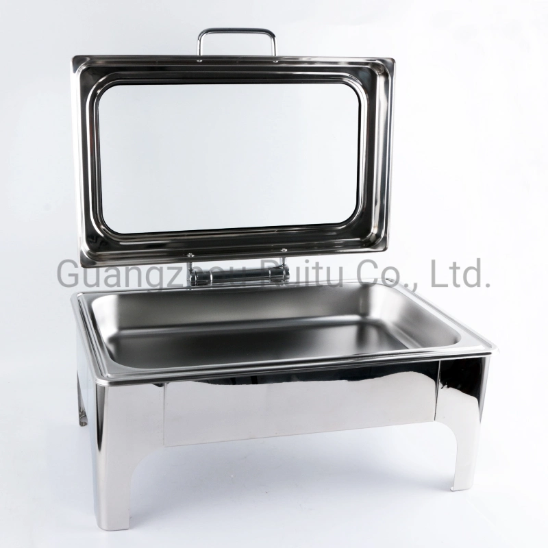 6L gran ventana de cristal de acero inoxidable Chefing Dish con calentador de combustible eléctrico o el roce de alimentos platos Warmer parte redonda de ajuste de la boda Buffet de comida caliente estufa