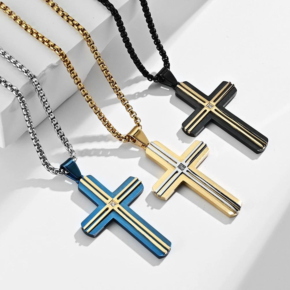 Religious Double Color Cross Pendant Simple Stainless Steel Jewelry Necklace