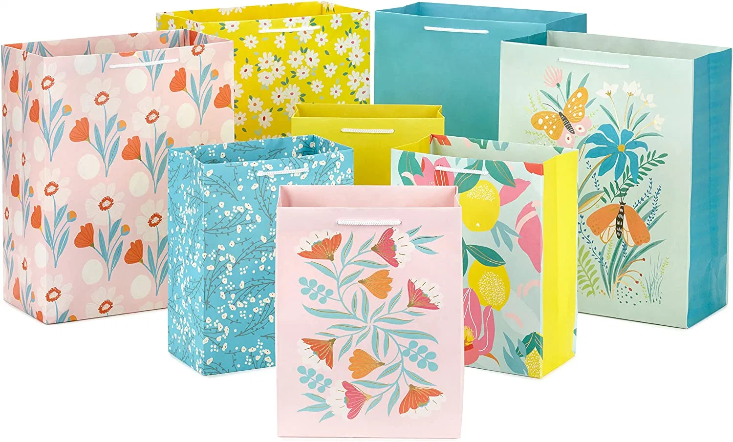 8pk Assorted Sizes 7 Inch 10 Inch Floral Lemon Promotion Sales for Mother Day Easter Shopping Bag Gift Paper Bag