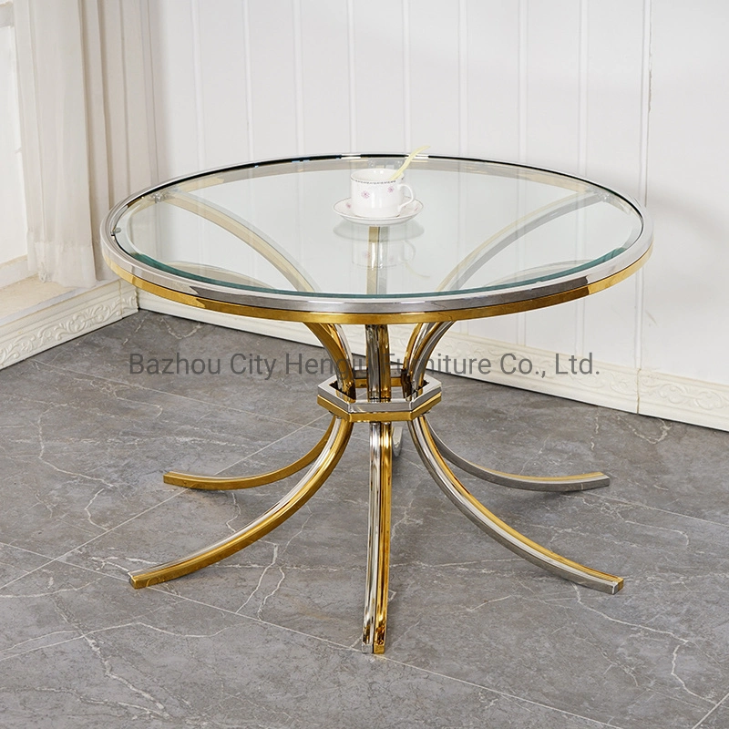 Mesa de café moderna redonda em vidro, prata e aço inoxidável dourado Sala de estar em aço Sofá-mesa Central