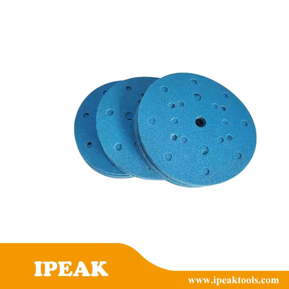 Manufacture 6inch 150mm 17holes Blue Zirconium Film Hook and Loop Sand Paper