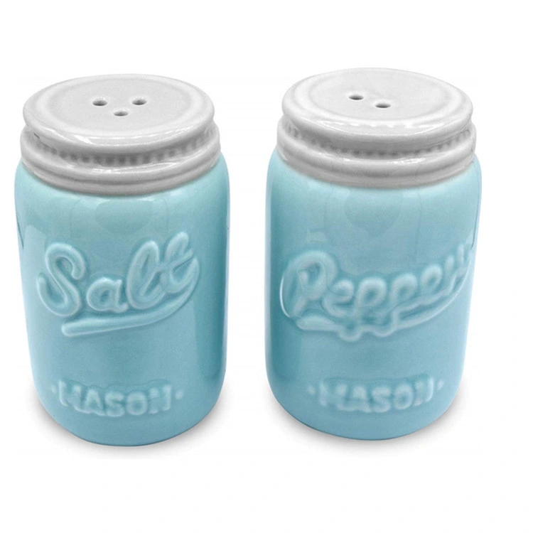 Batidores de sal y pimienta azul claro Ceramic Mason Jar Spice Juego de tarros
