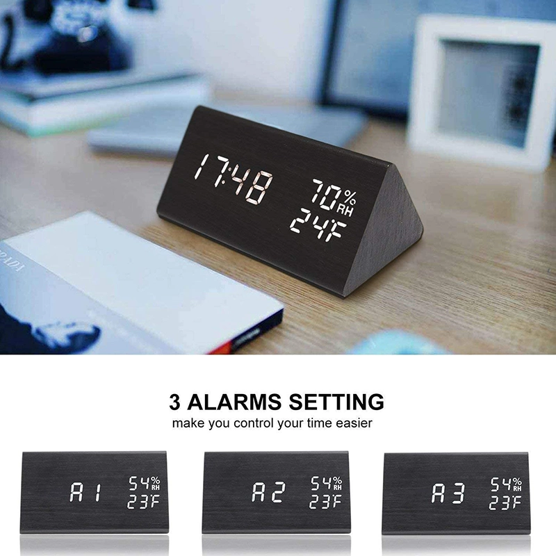Amazon Hot Sale Mute Luminous LED Electronic Gift Triangle Digital Baby Room Wooden Clock Humidity and Temperature Alarm Clock