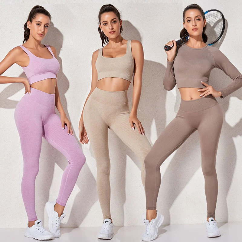 Deporte Gimnasio Legging sin costuras sujetador Corte Top manga larga Traje de yoga