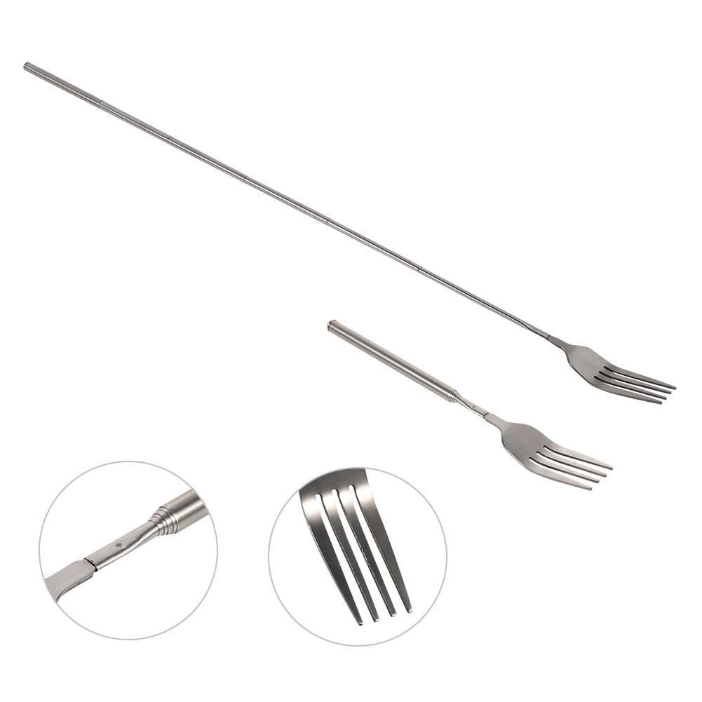 Silver Retractable BBQ Convenient Retractable Vegetable and Fruit Stainless Steel Fork