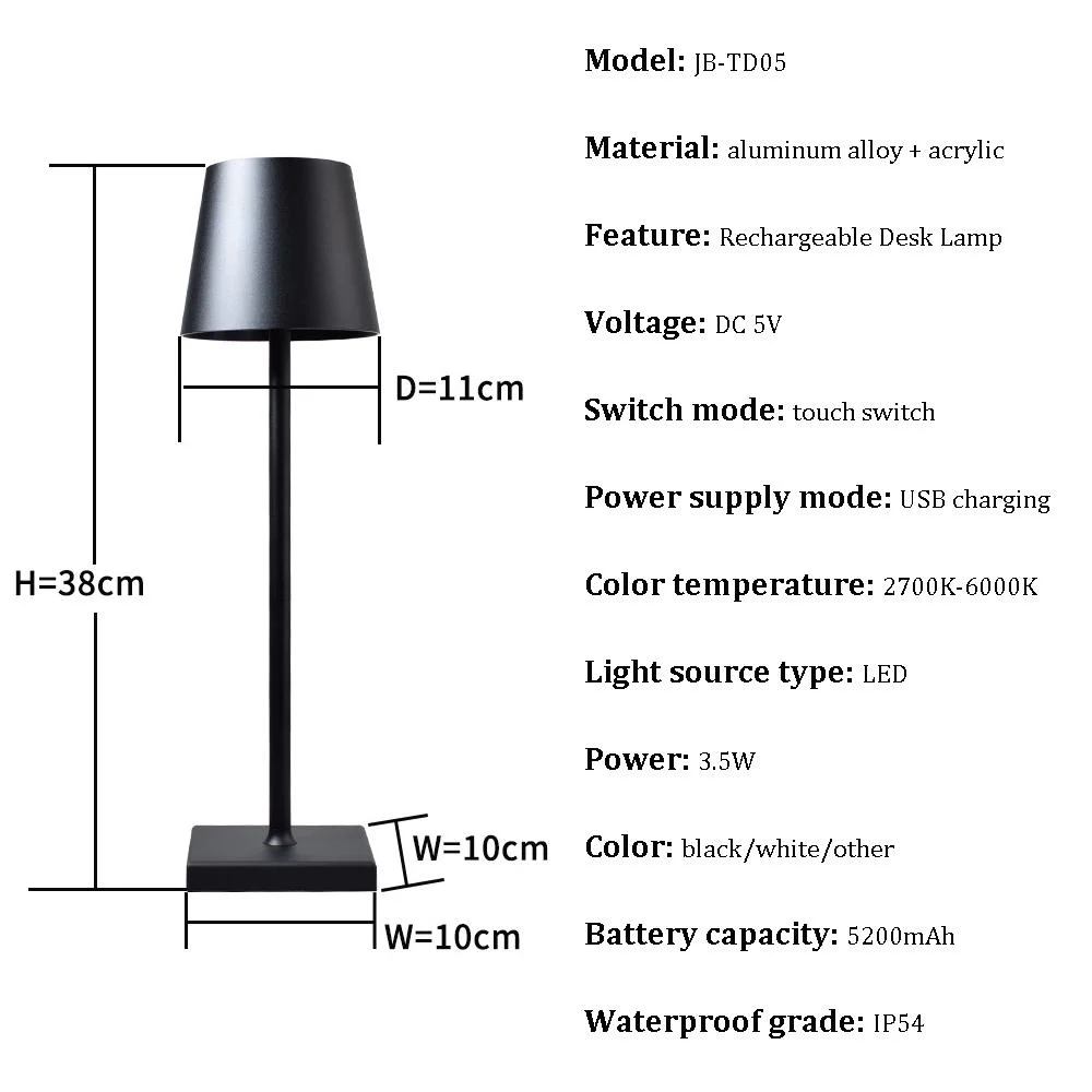 Wireless LED recargable Lámpara de mesa táctil resistente al agua de alimentación por batería lámpara de escritorio