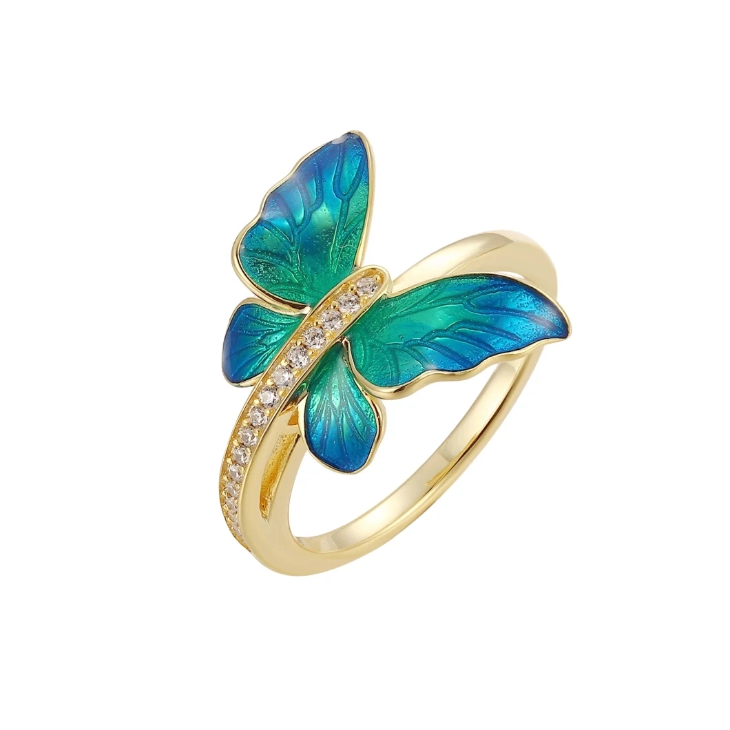 Hot Sell New Style 925 Silver Enamel Jewelry Colorful Flying Butterfly Ring Christmas Gift