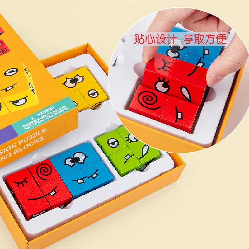 Hot Montessori Expression Puzzles Building Block Face Ändern Logisches Denken Ausbildung hölzerne Kinder frühe Bildung Spielzeug