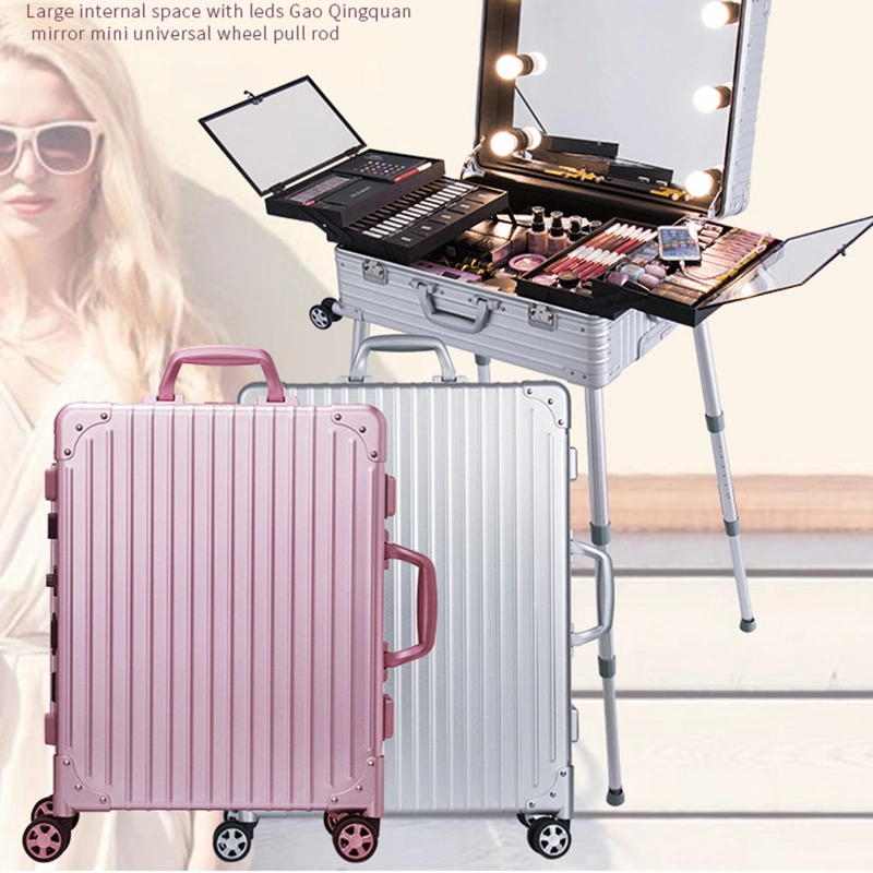 Rolling Makeup Case Portable Aluminum Train Table Case Makeup Trolley Station Vanity Mirror Cosmetic Box Salon