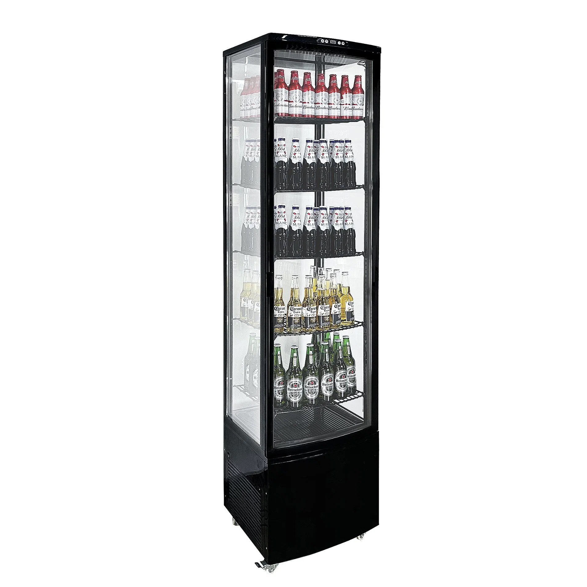 Commercial Four Sided Transparent Tape LED Lights Beverage Upright Refrigerated Display Cabinet