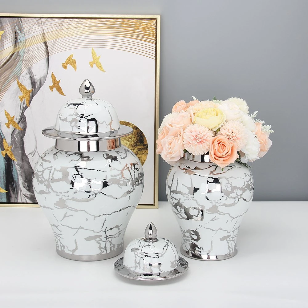 J164S Home Decor Modern Ceramic Silver Ginger Jar Luxury Temple Jar Wedding Centerpieces Porcelain Table Flower Vase