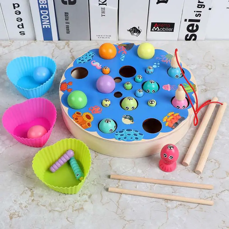 Kids 4 in 1 Montessori Early Educational Magnetic Fishing Toy Kids Multifunction Chess Clip Beads Wooden Table Game