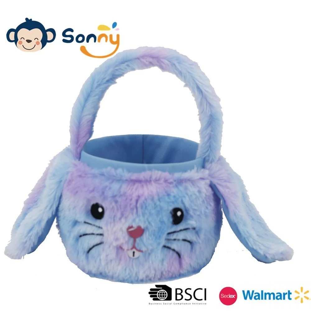 Easter Day Stuffed Blue Plush Bunny Figure Basket Toy to Carry Easter Eggs