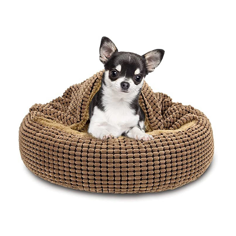 Pequeno cachorro quente cama com cobertor 23/26" Donut Hugger Anti-Anxiety acolhedora cama Pet Encapuzados Calma Cave Bed