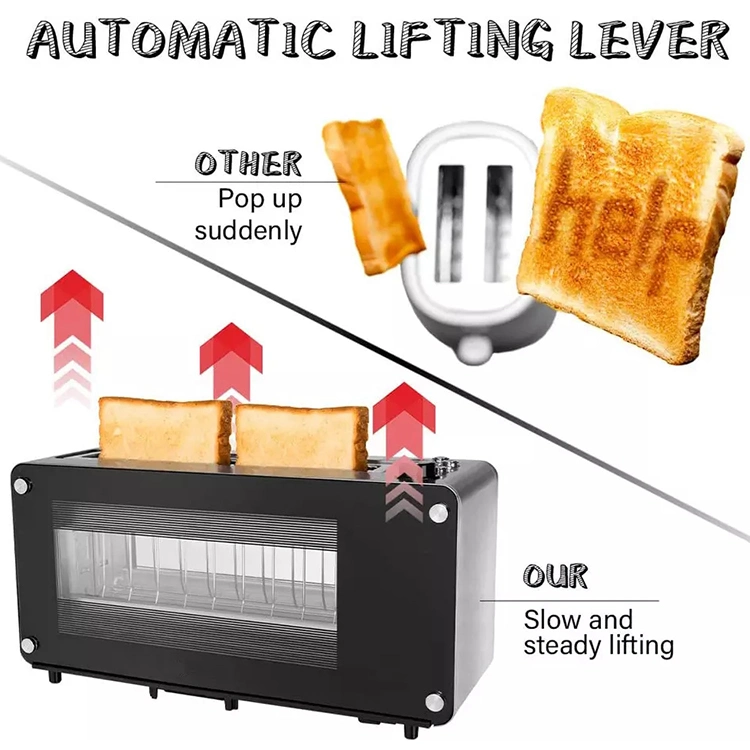 Four à pain Pizza à 2 tranches réglable et à chaleur facile à nettoyer Grille-pain avec fenêtre en verre visible