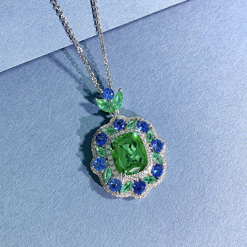 DiamondX Green Tourmaline Colorful CZ Cluster Setting Pendant Necklace