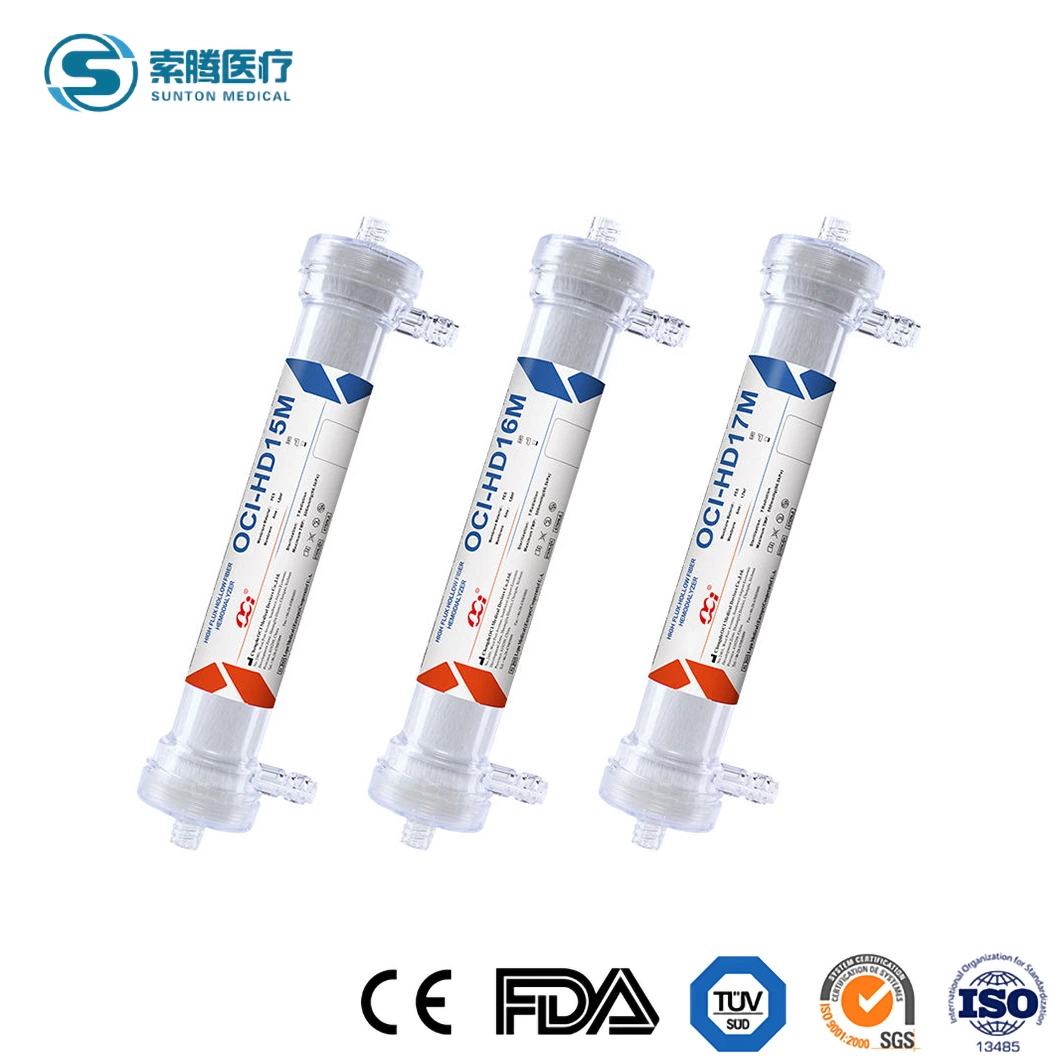 Sunton bajo/alto flujo desechables Flux Hemodialyzer China Pes Pes hemodiálisis dializador fabricantes servicio centralizado de flujo de sangre bajo diálisis dializador