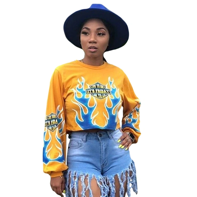 Yellow Fire Element Printed Long Sleeve O Neck T-Shirt