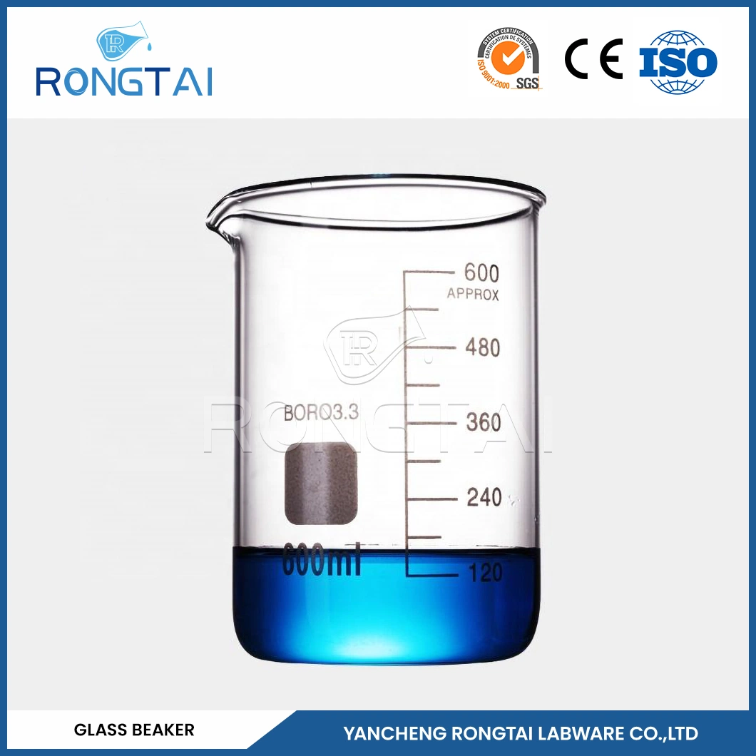 Rongtai Fabricants de Verrerie de laboratoire commun Chimie Triangle Beaker Chine 800ml bécher en verre à double paroi de 100 ml 1000 ml