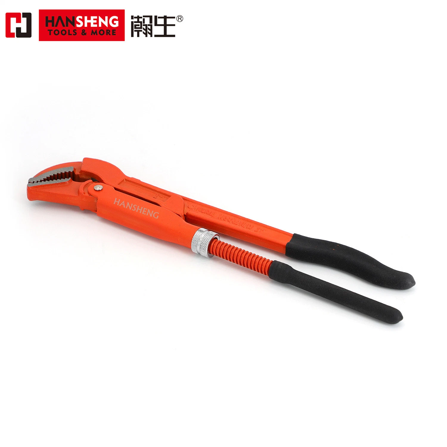 3/4", 1", 1-1/2", 2", 3", 4", Made of Drop-Forged Carbon Steel or Cr-V, Cr-Ni, Cr-Mo, Dipped Handle, 45 Degree Bent Nose Pipe Wrench, PVC/TPR Handle