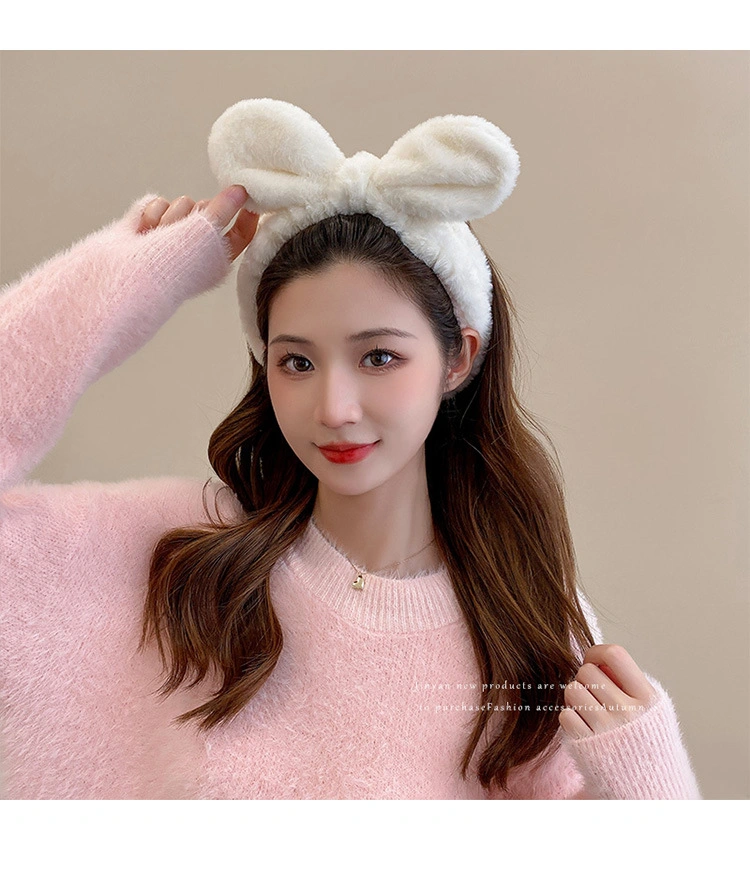 Personal Care OEM 4 Different Colors Coral Fleece Makeup Bath Hair Band Fluffy Bow Women Headband Hair Accessories