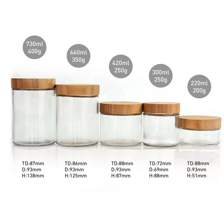 Eco Friendly 220ml 300ml 420ml 660 ml 730 ml vidro transparente de armazenamento Jarro com tampa de bambu