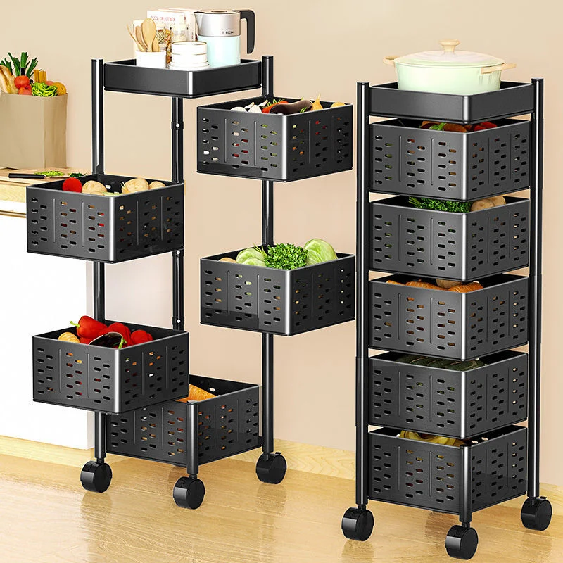 Black White Metal Multi-Layer Multi-Tier Upgraded Square Rolling Cart with Revolving Basket