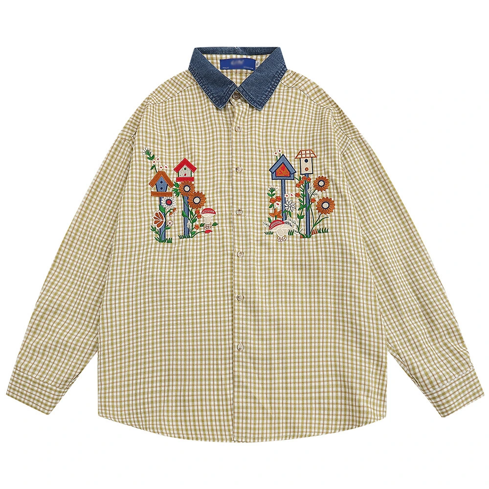 Fleur de broderie de bande dessinée OEM Manche longue Hommes Ins lâche de la rue le contraste des couleurs boutonnière mince occasionnel Shirt/enduire/Top/Vêtements/vêtement