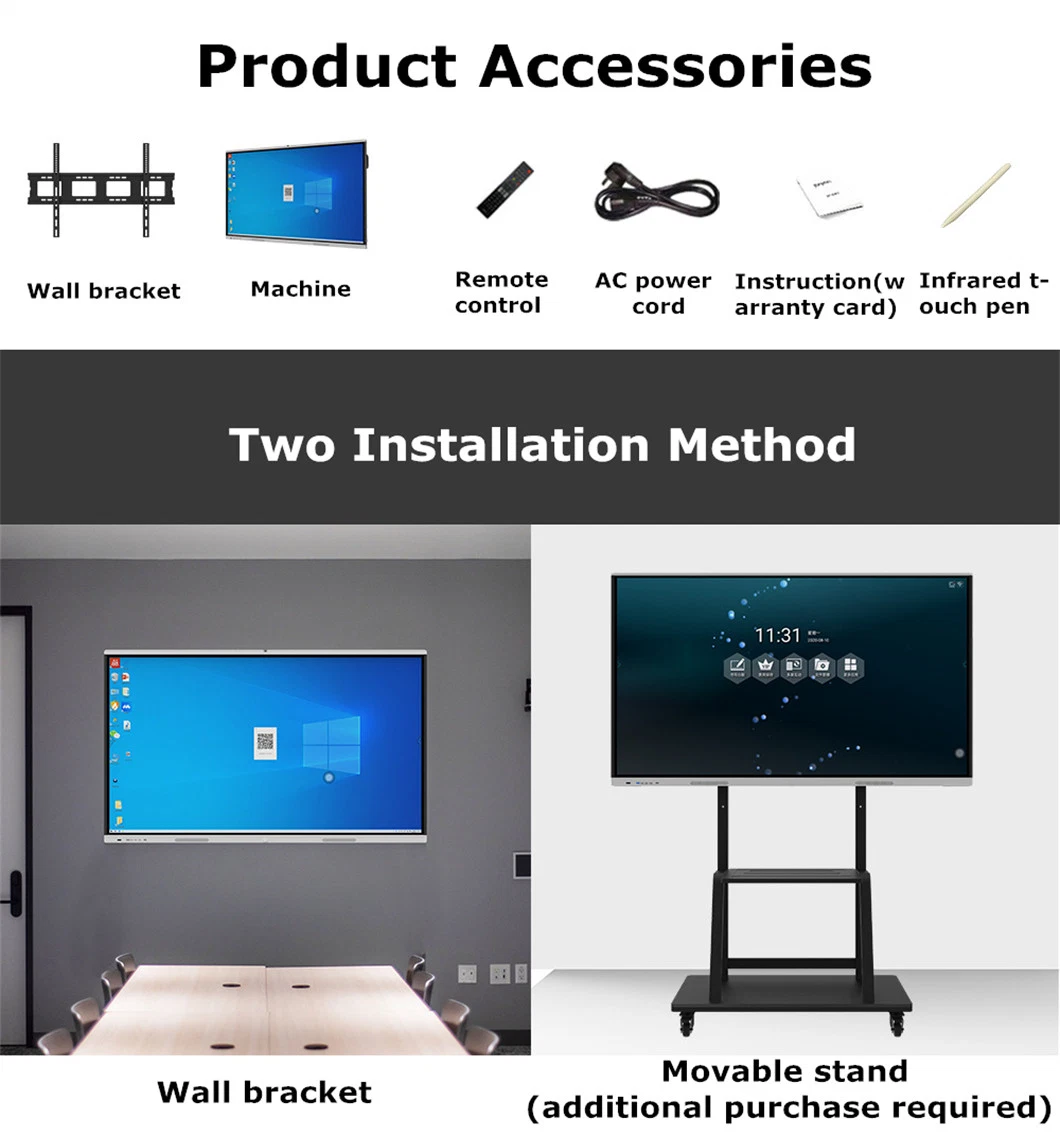 Dual OS 55 65 75 85 98 100 Zoll Infrarot Iwb Multi-Touch-Bildschirm Smart Board Digital Class Room Electronic Interactive Whiteboard Online-Werbung Display