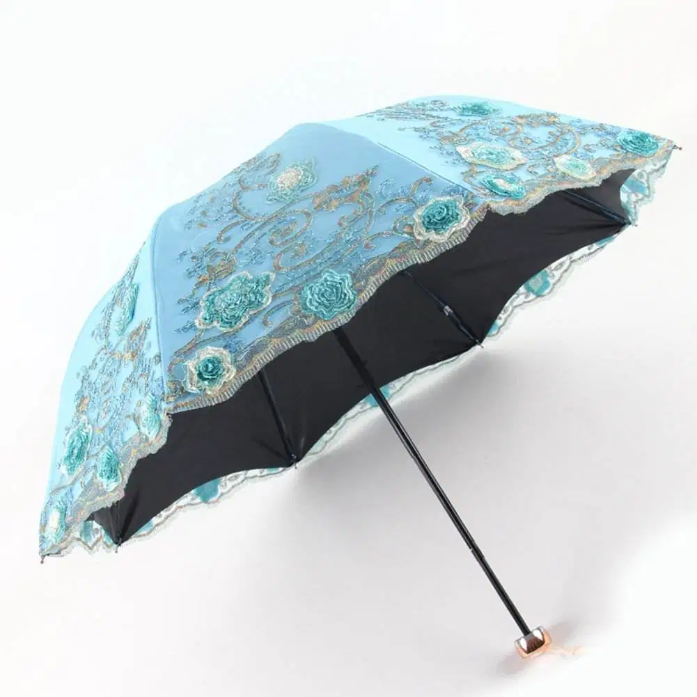 Designer Vintage Lace 3D Flower Embroidery UV 50 Sun Parasol Wedding Fabric Umbrella with Black Coating