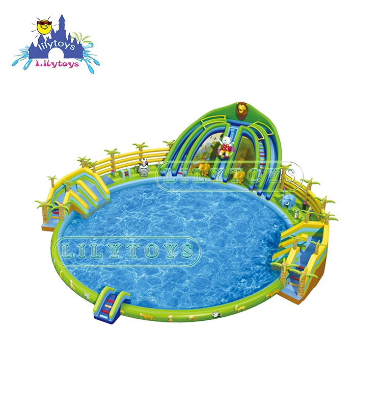 Drôle d'enfants de l'eau gonflable Parc Parc Aquatique gonflables Aire de jeux sur des terres forestières Lion Thème gonflable Toboggan aquatique avec piscine