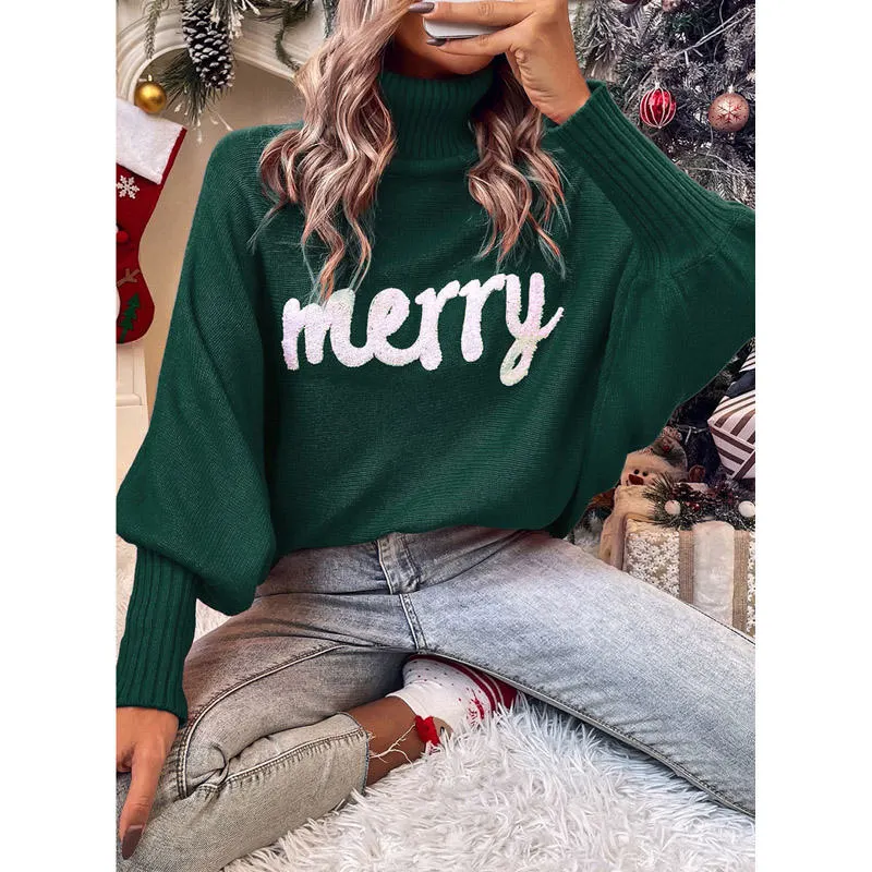 Großhandel/Lieferant Schneller Versand Winter Weihnachten Pullover High Neck Rollkragen Bestickt Pullover Strickpullover Damen Pullover