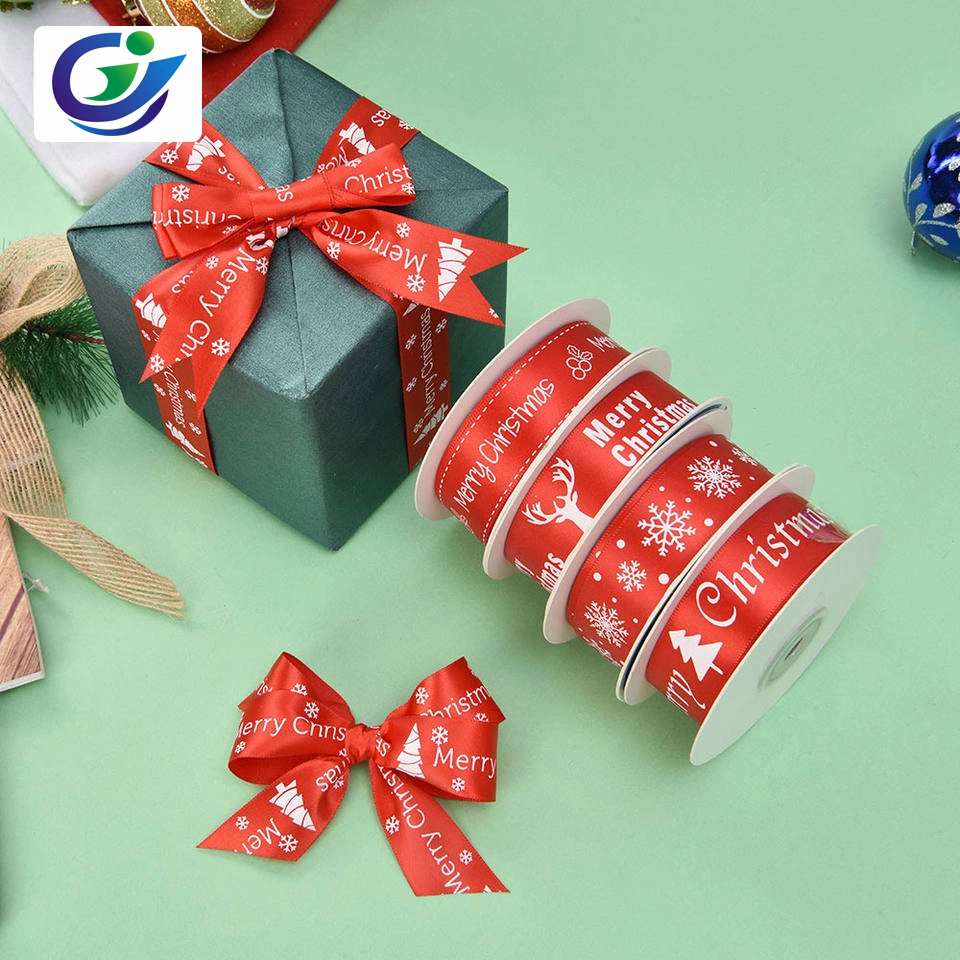 Factory New Foil Gold Green Red Printed Xmas Tree Deer Santa Claus Snowman Grosgrain Christmas Ribbon for Packing