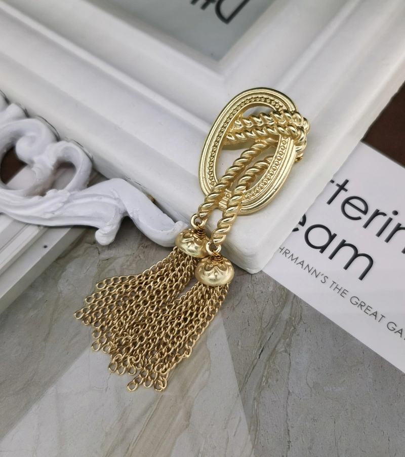 Retro Matte Golden Baroque Hanging Tassels Pin Spike Woven Hemp Rope Fringe Brooch